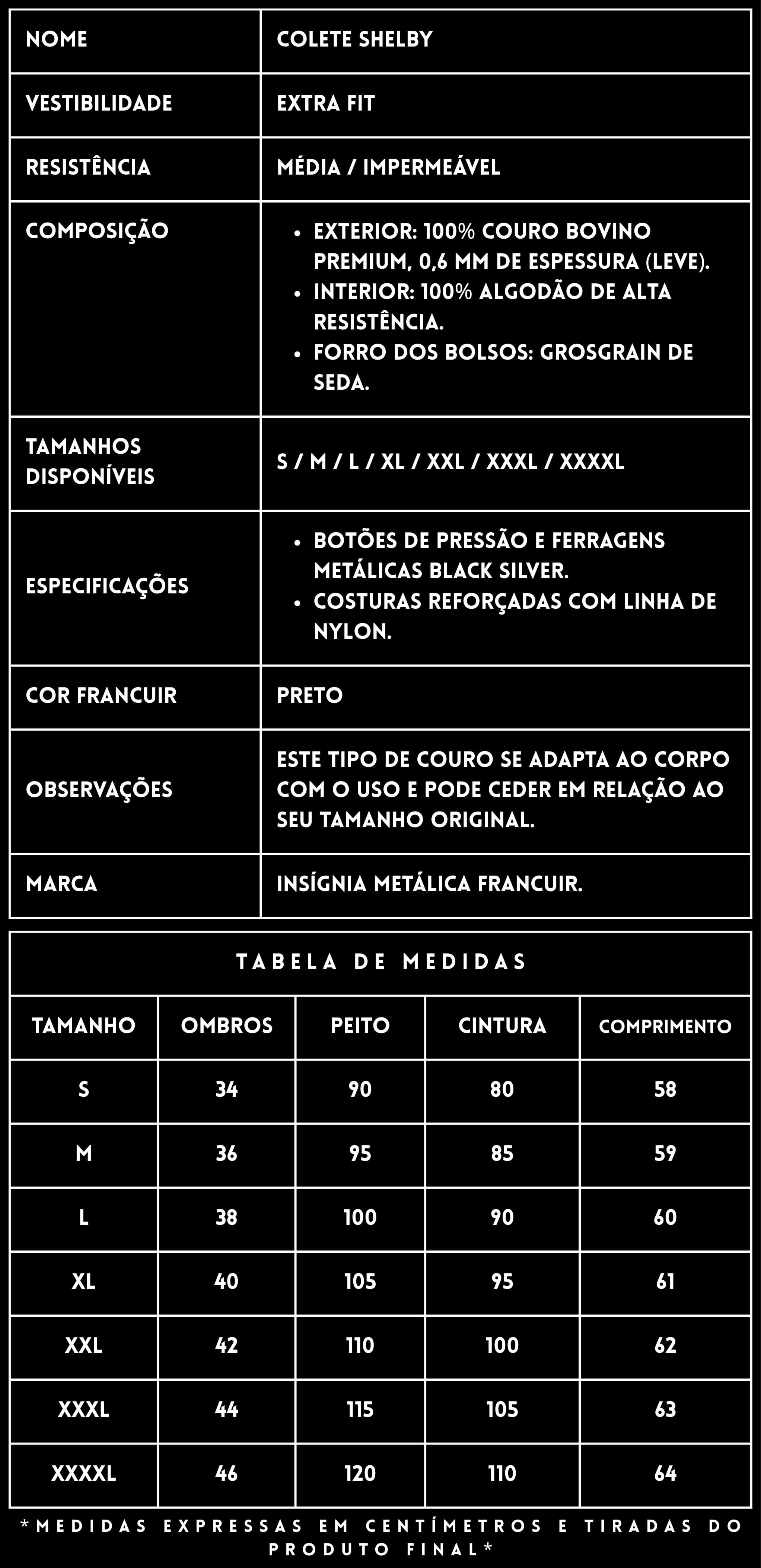 FICHA TÉCNICA — COLETE DE COURO SHELBY — FRANCUIR
